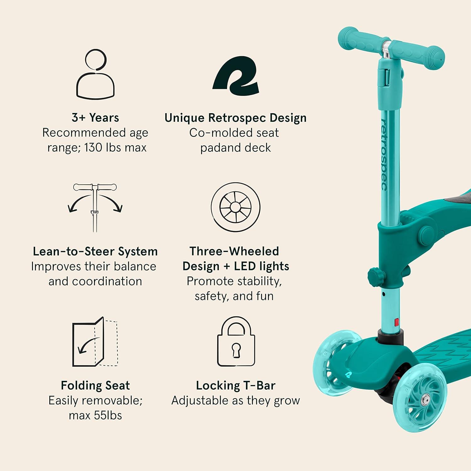 Retrospec Chipmunk Plus Kids’ Kick Scooter 3+ Years – Height Adjustable 3 Wheel Scooters – Learn to Steer, Foldable Seat, LED Lights, & No-Slip Deck(Blue Ridge)